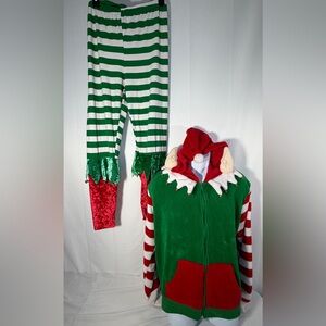 Christmas Santa Elf Costume Set Pajamas Hood Jacket Top Pants Bells Adult 2X